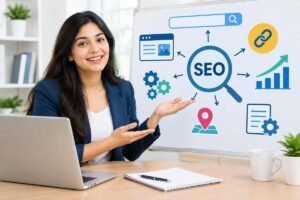 SEO tools and search optimization on laptop